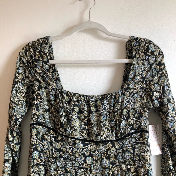 NWT Free People Boheme Black Floral Square Neckline Mini Dress - Picture 5 of 14